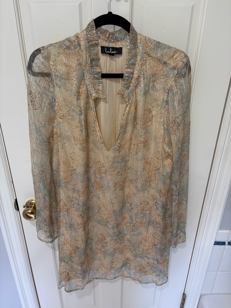 Lulu's Beige Floral Metallic Sheer Mini Dress